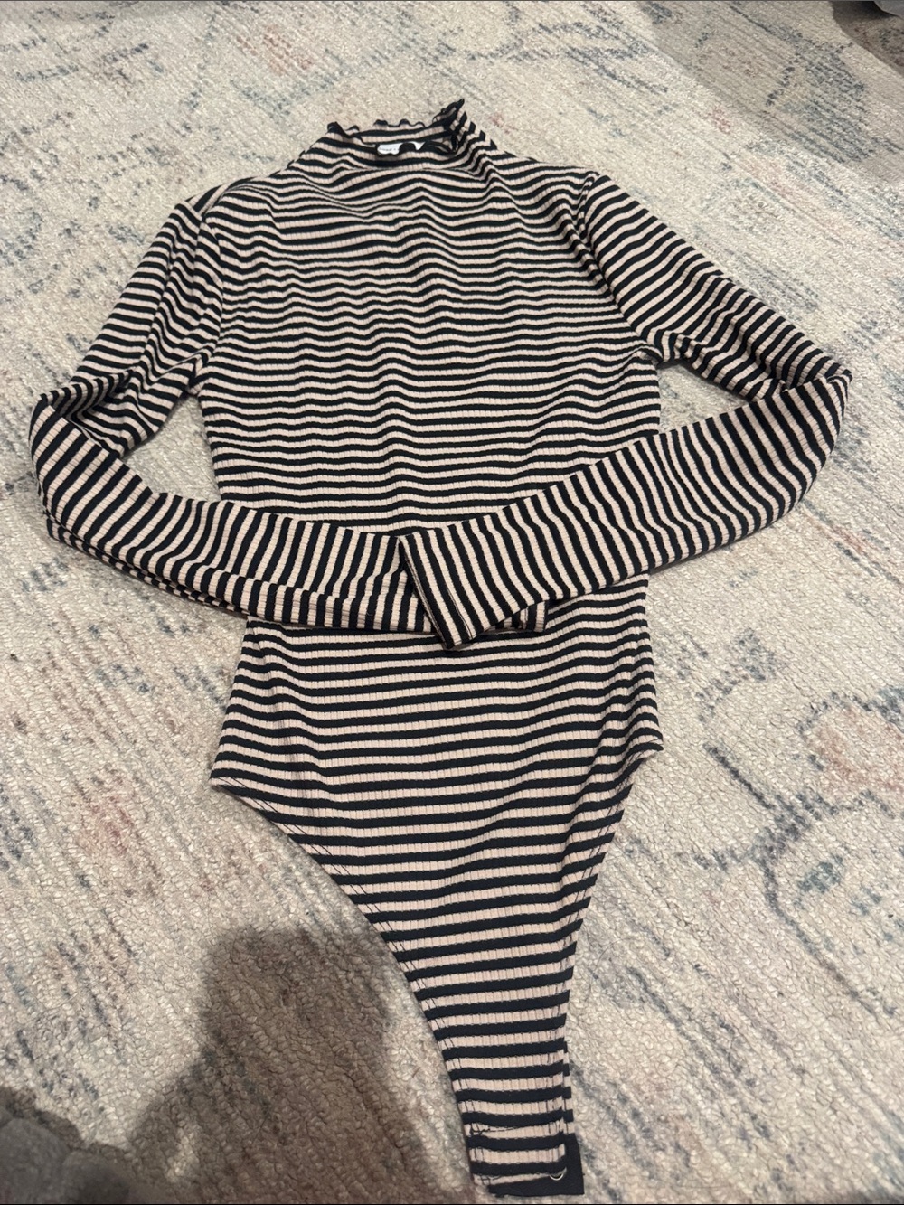 Lovers + friends ruffle neck thong bodysuit striped